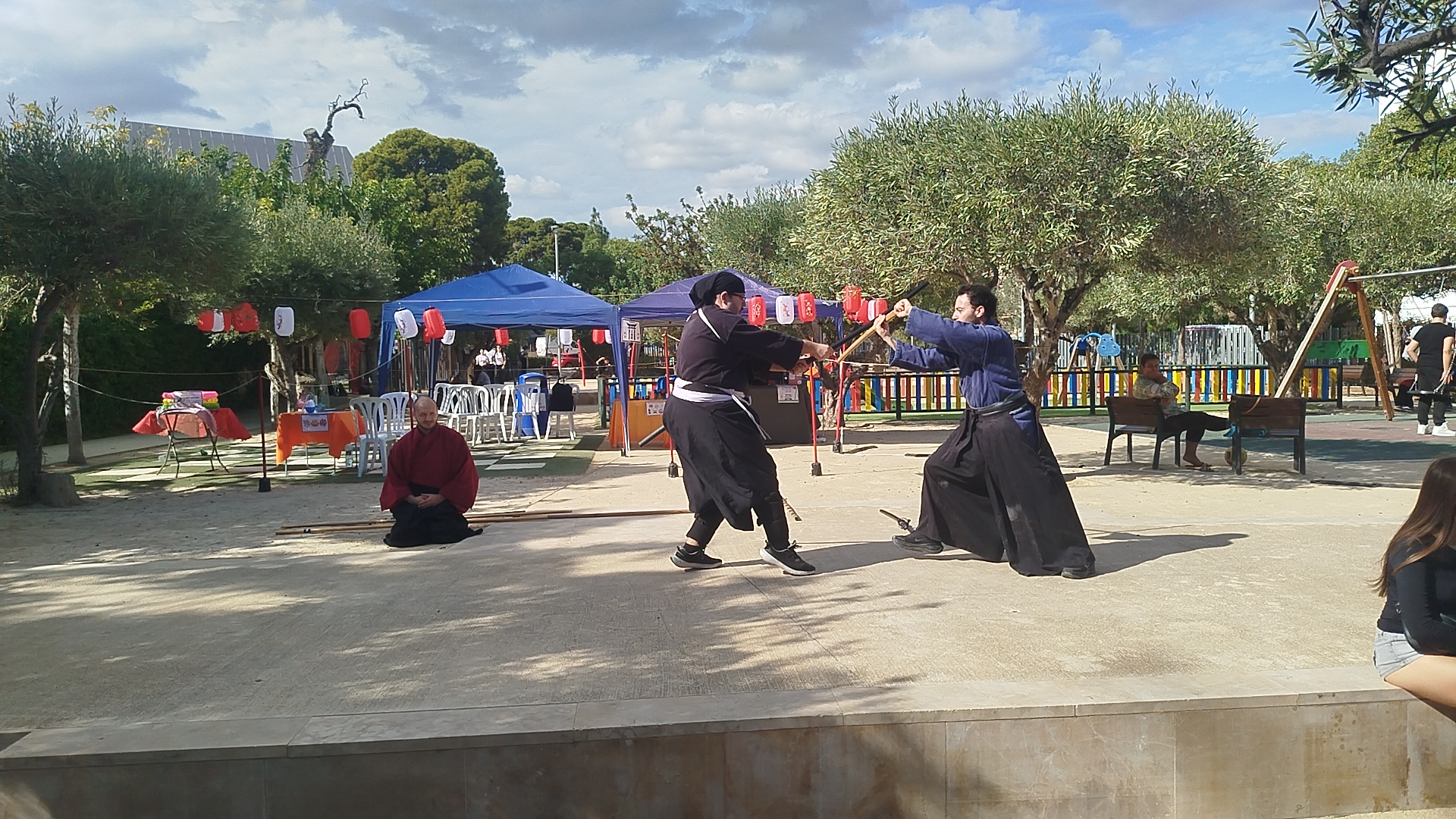 Dos practicantes realizan una exhibición marcial al aire libre